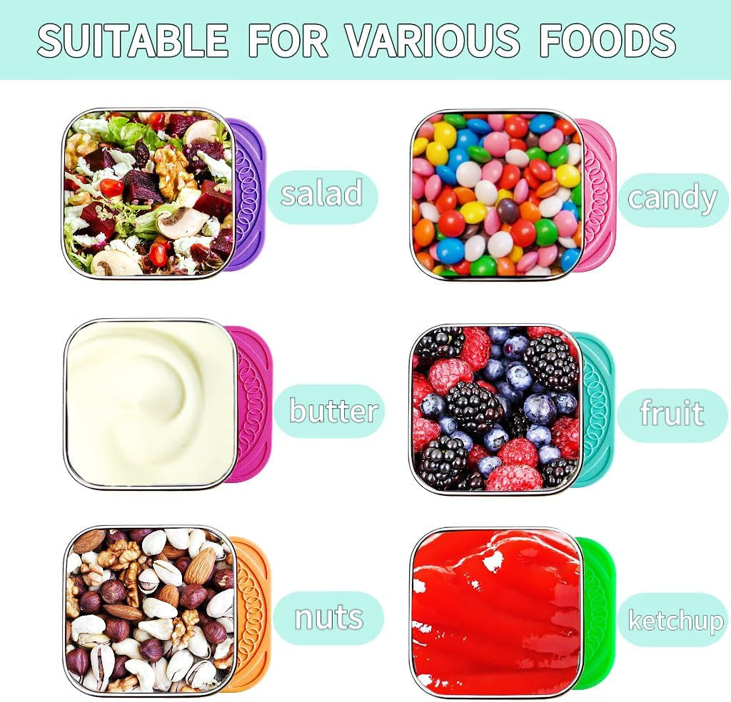 6Pack 6oz Stainless Steel Snack Containers and 2oz Salad Dressing To Go Containers with Silicone Lids, Reusable Square Meal Prep Condiment Sauce Containers Lunch Box