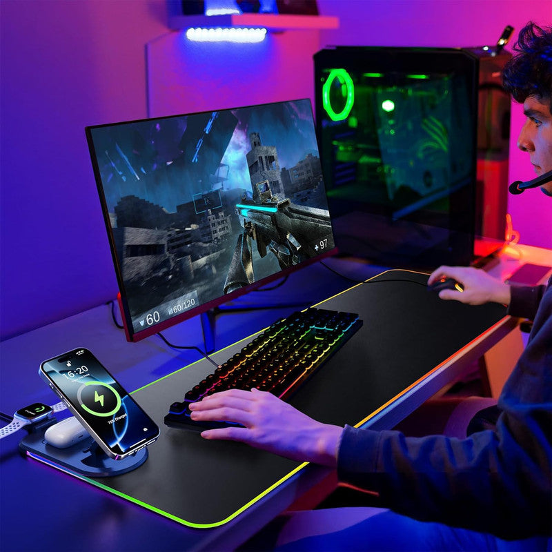 Wireless Charging Mouse Pad 15W RGB Gaming Mousepad Waterproof Desk Mat with Phone Holder 35.4''x11.8'' Extra Large Desk Pad Non-Slip Base Computer Keyboard Mat for PC Laptop, Black