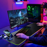 Wireless Charging Mouse Pad 15W RGB Gaming Mousepad Waterproof Desk Mat with Phone Holder 35.4''x11.8'' Extra Large Desk Pad Non-Slip Base Computer Keyboard Mat for PC Laptop, Blue - Front View