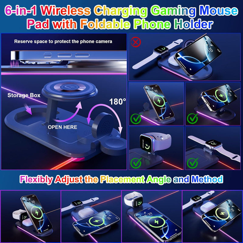 Wireless Charging Mouse Pad 15W RGB Gaming Mousepad Waterproof Desk Mat with Phone Holder 35.4''x11.8'' Extra Large Desk Pad Non-Slip Base Computer Keyboard Mat for PC Laptop, Blue