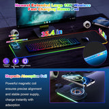 Wireless Charging Mouse Pad 15W RGB Gaming Mousepad Waterproof Desk Mat with Phone Holder 35.4''x11.8'' Extra Large Desk Pad Non-Slip Base Computer Keyboard Mat for PC Laptop, Blue - Rear View