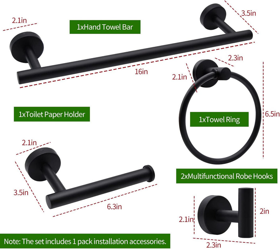 5pcs Bathroom Hardware Set, Matte Black Bathroom Hardware Set, Including 16" Hand Towel Bars, Toilet Paper Holders, Towel Rings, Robe Towel Hooks