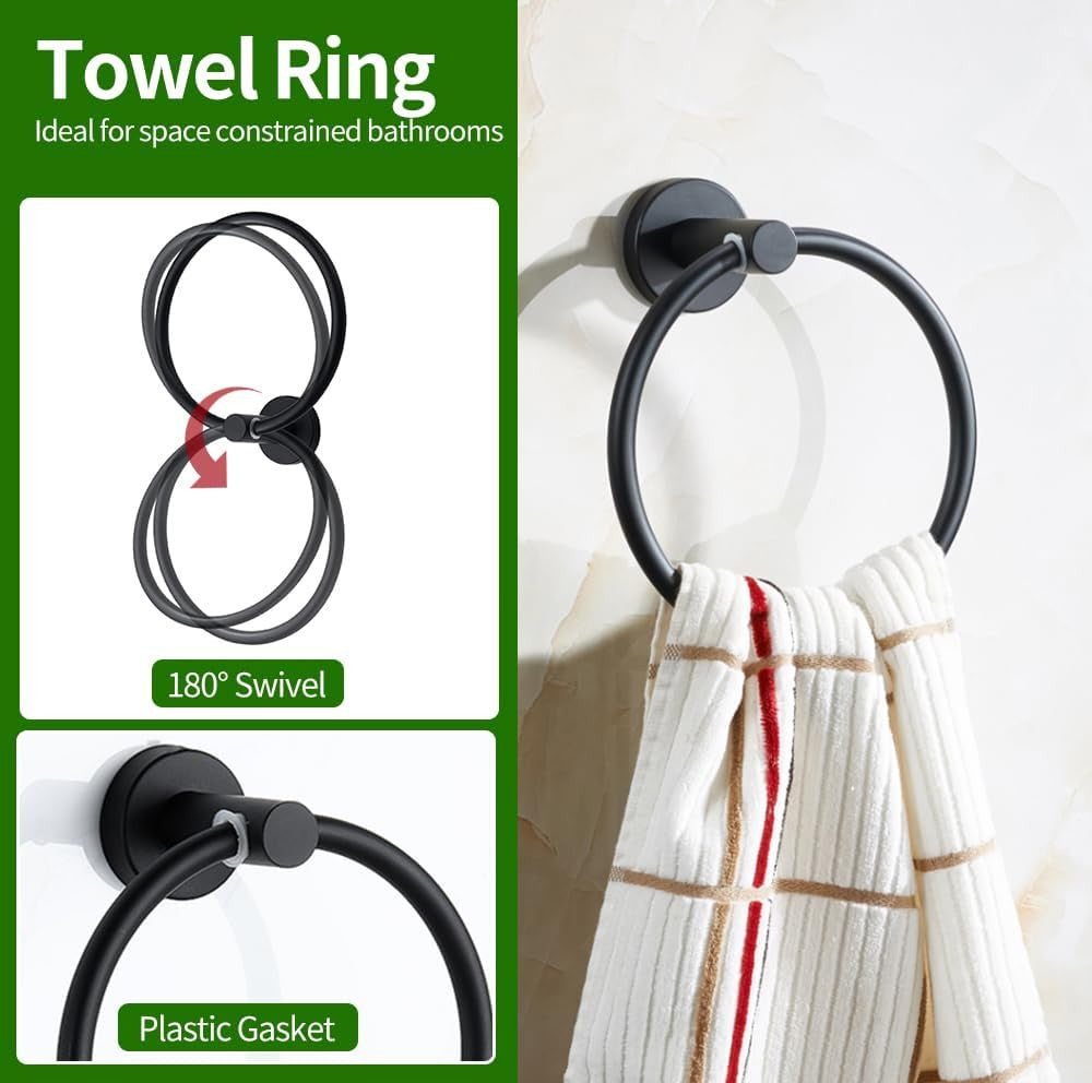 5pcs Matte Black Bathroom Hardware Set, Including 1pcs 24in Retractable Hand Single Towel Bar with 1pcs Toilet Paper Holders, 1pcs Towel Rings 2pcs Multifunctional Robe Hooks