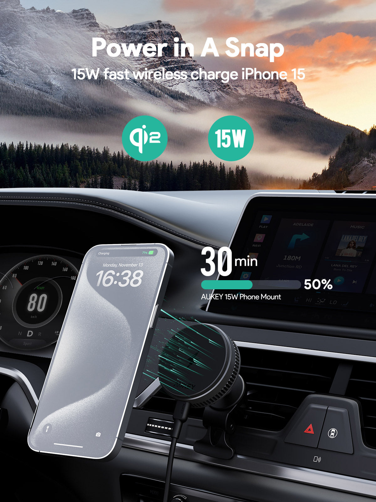 Aukey MagFusion Dash Pro Qi2 Magnetic Fast Wireless Charging Phone Mount with Active Cooling (HD-MC13A)