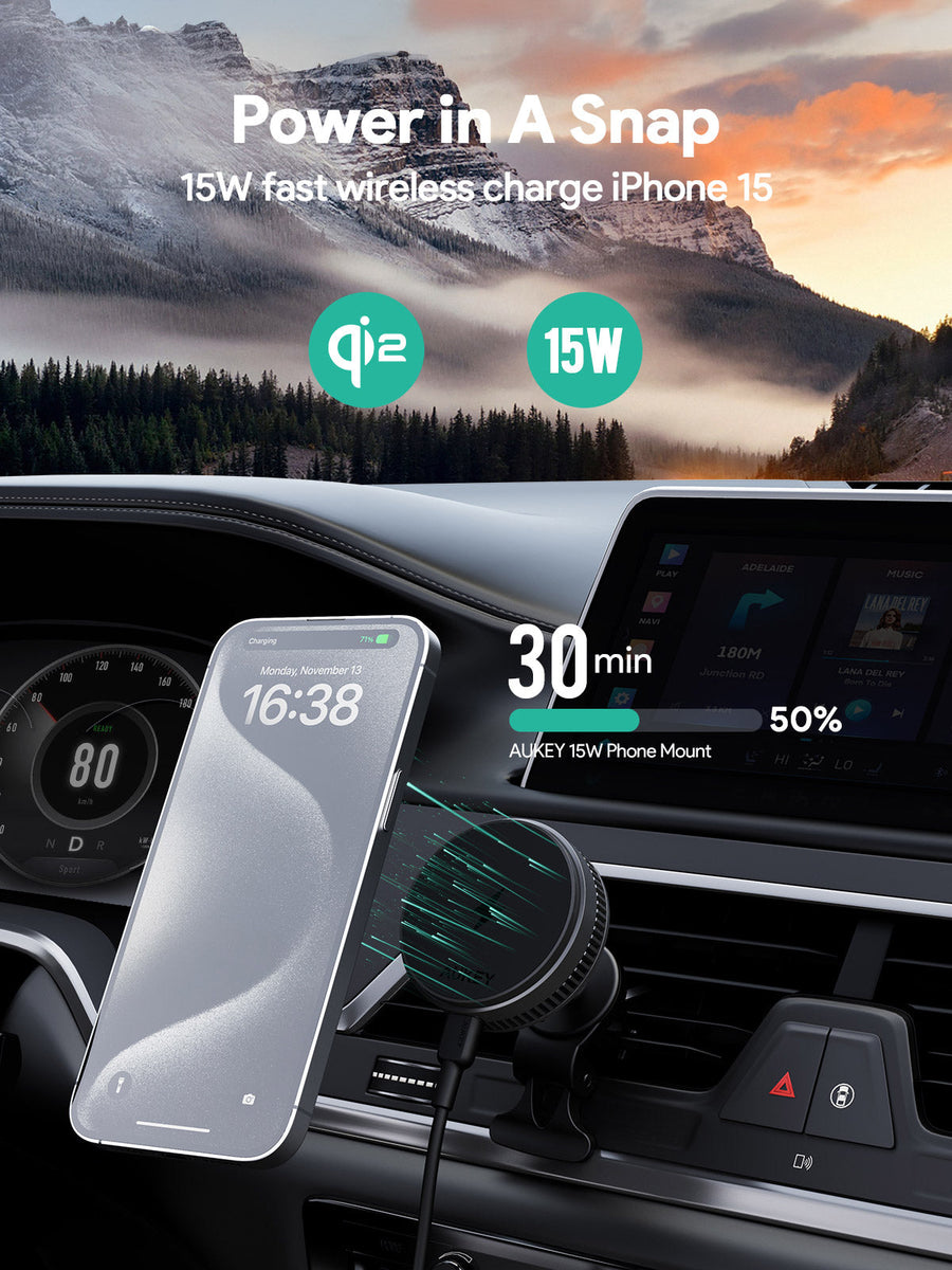 Aukey MagFusion Dash Pro Qi2 Magnetic Fast Wireless Charging Phone Mount with Active Cooling (HD-MC13A)