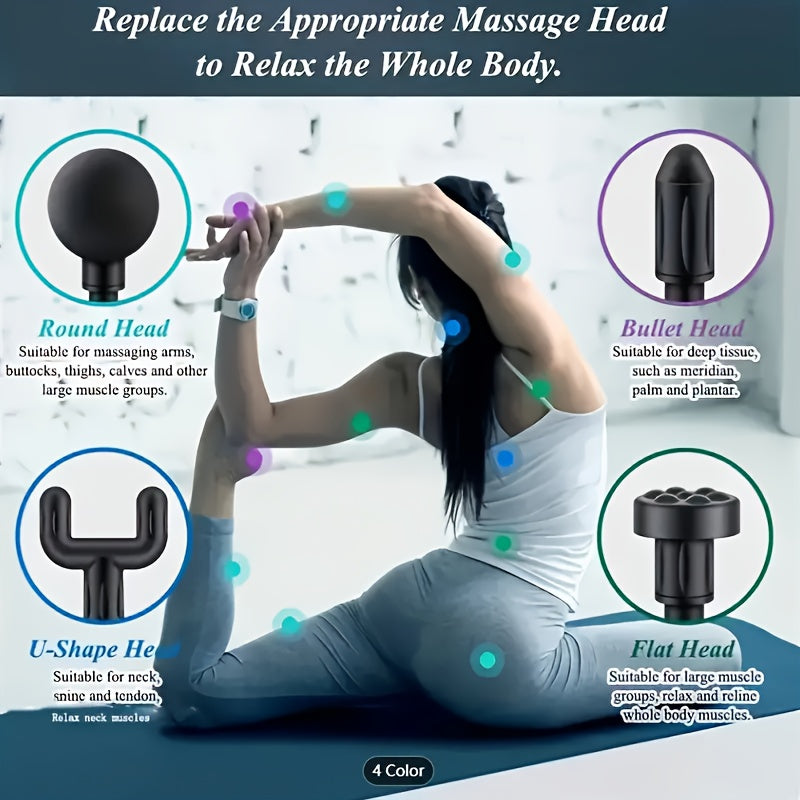 Black**Portable Deep Tissue Massager | 6-Speed & 4 Heads & 15-Min Timer｜Professional Muscle Recovery, Anytime Anywhere**