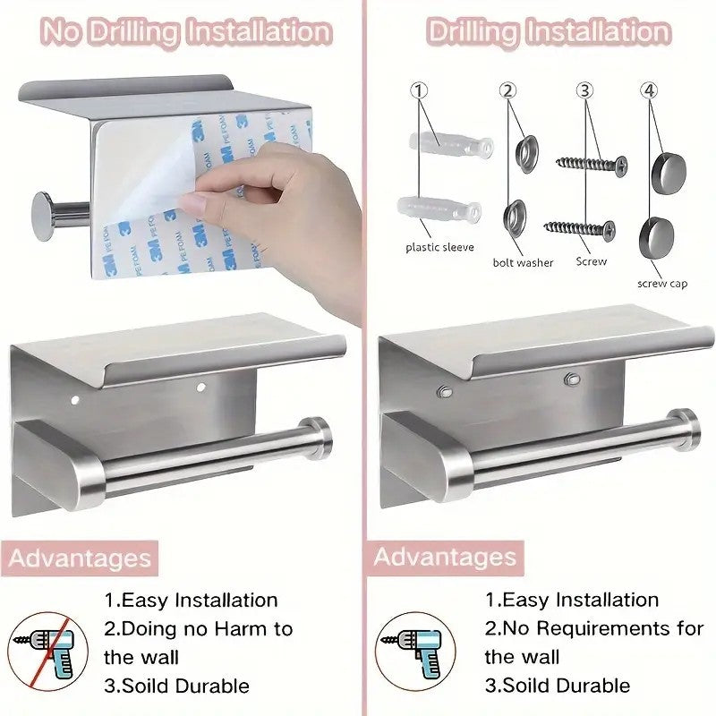 (True color)  1pc Toilet Paper Holder with Shelf, Bathroom Tissue Storage Rack, Wall-Mounted Paper Towel Dispenser, Stainless Steel Bathroom Paper Holder, Bathroom Accessory