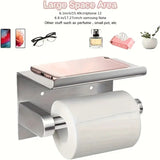 (True color)  1pc Toilet Paper Holder with Shelf, Bathroom Tissue Storage Rack, Wall-Mounted Paper Towel Dispenser, Stainless Steel Bathroom Paper Holder, Bathroom Accessory