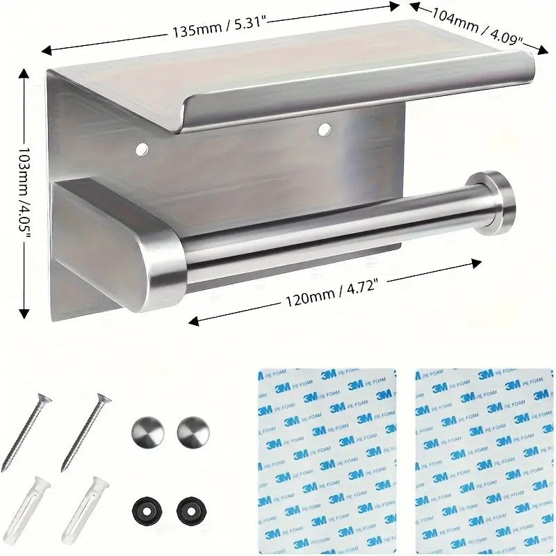 (True color)  1pc Toilet Paper Holder with Shelf, Bathroom Tissue Storage Rack, Wall-Mounted Paper Towel Dispenser, Stainless Steel Bathroom Paper Holder, Bathroom Accessory