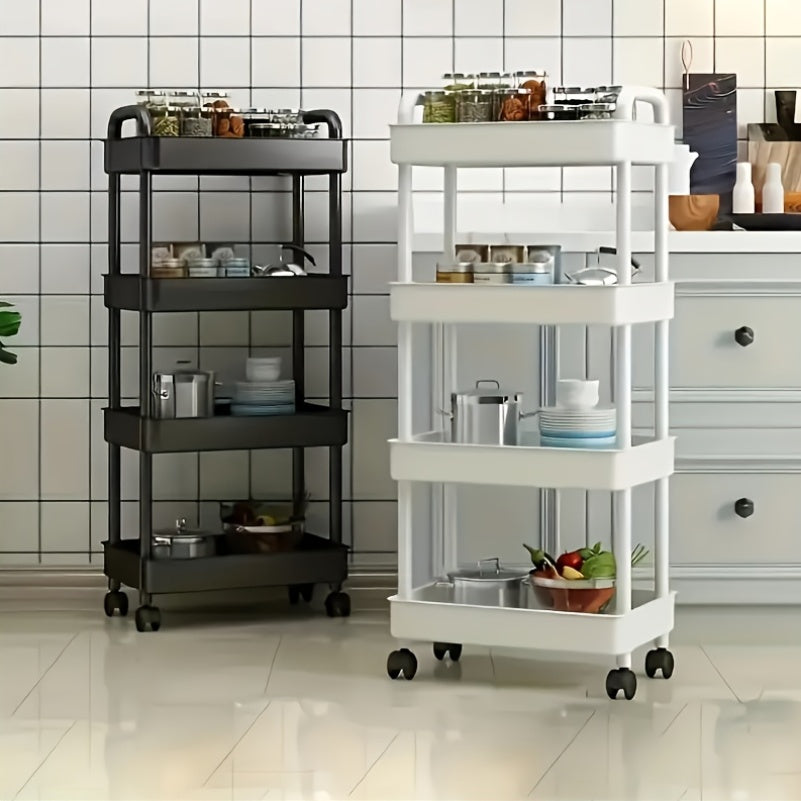 Three-Tier Rolling Cosmetics Storage Rack - Made of durable plastic, equipped with 360-degree swivel casters, strong load-bearing capacity - Suitable for bathroom, bedroom, kitchen, and home storage | White