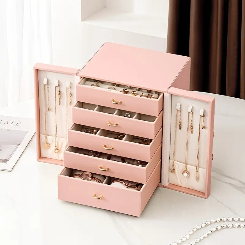 Pink  1 Large Faux Leather Jewelry Storage Box with 5 Drawers and Gold Handles - An elegant rectangular storage space for rings, necklaces, bracelets, earrings, and watches - Features soft fabric lining, side door design, textured surface finish - Luxury