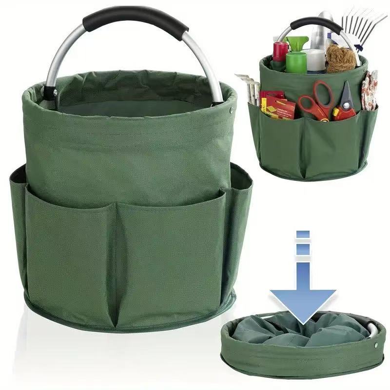 Premium Army green Gardening Storage Bag made of durable 600D Oxford cloth, features 6 deep side pockets for small hand tools, spray bottles, beverages, and more. Equipped with an aluminum alloy handle wrapped in EVA molding for enhanced comfort and longe