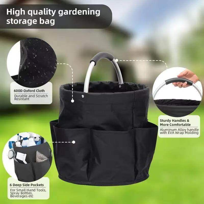 Premium Army green Gardening Storage Bag made of durable 600D Oxford cloth, features 6 deep side pockets for small hand tools, spray bottles, beverages, and more. Equipped with an aluminum alloy handle wrapped in EVA molding for enhanced comfort and longe