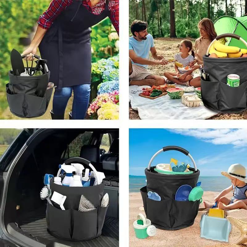 Premium Army green Gardening Storage Bag made of durable 600D Oxford cloth, features 6 deep side pockets for small hand tools, spray bottles, beverages, and more. Equipped with an aluminum alloy handle wrapped in EVA molding for enhanced comfort and longe