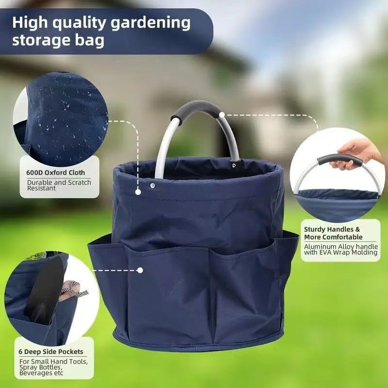 Premium Army green Gardening Storage Bag made of durable 600D Oxford cloth, features 6 deep side pockets for small hand tools, spray bottles, beverages, and more. Equipped with an aluminum alloy handle wrapped in EVA molding for enhanced comfort and longe