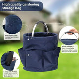 Premium Army green Gardening Storage Bag made of durable 600D Oxford cloth, features 6 deep side pockets for small hand tools, spray bottles, beverages, and more. Equipped with an aluminum alloy handle wrapped in EVA molding for enhanced comfort and longe - Rear View