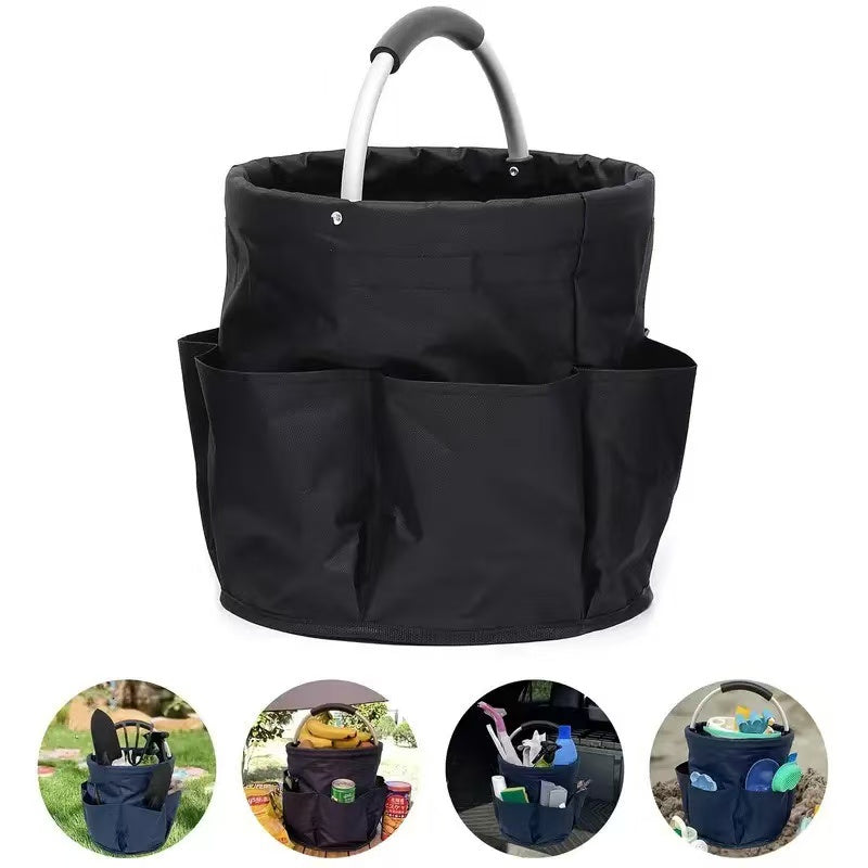 Premium Army green Gardening Storage Bag made of durable 600D Oxford cloth, features 6 deep side pockets for small hand tools, spray bottles, beverages, and more. Equipped with an aluminum alloy handle wrapped in EVA molding for enhanced comfort and longe