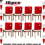 16-piece Christmas chair set-holiday red Christmas hat pattern, suitable for holiday dinners and party decorations, including 8 chair sets and 8 tableware sets, reusable, durable fabric, suitable for Christmas, New Year,and party activiti - Front View