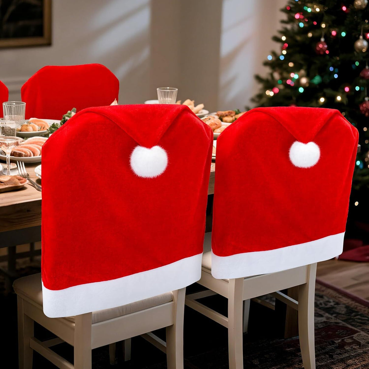 16-piece Christmas chair set-holiday red Christmas hat pattern, suitable for holiday dinners and party decorations, including 8 chair sets and 8 tableware sets, reusable, durable fabric, suitable for Christmas, New Year,and party activiti