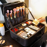 **Large Waterproof Makeup Organizer: Adjustable Dividers, Detachable Brush Holder, Multi-Compartment Design, Portable & Moisture-Resistant, Professional Cosmetic Storage Case**