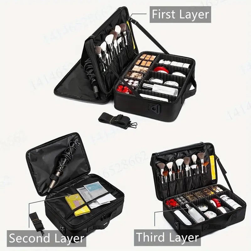 **Large Waterproof Makeup Organizer: Adjustable Dividers, Detachable Brush Holder, Multi-Compartment Design, Portable & Moisture-Resistant, Professional Cosmetic Storage Case**