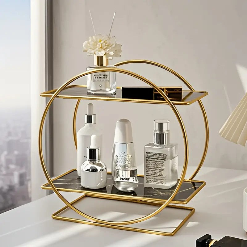 Elegant Golden Two-Tier Metal Cosmetic Organizer Stand - Luxury Countertop Makeup and Skincare Storage Shelf, Ideal for Bathroom Vanity, Home Decor,