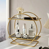 Elegant Golden Two-Tier Metal Cosmetic Organizer Stand - Luxury Countertop Makeup and Skincare Storage Shelf, Ideal for Bathroom Vanity, Home Decor, Dressing Table Accessories, and Perfume Storage