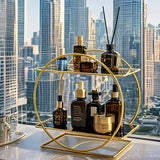 Elegant Golden Two-Tier Metal Cosmetic Organizer Stand - Luxury Countertop Makeup and Skincare Storage Shelf, Ideal for Bathroom Vanity, Home Decor,
