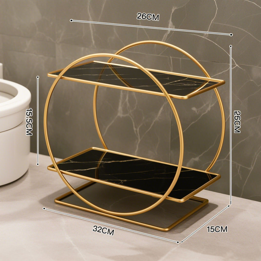 Elegant Golden Two-Tier Metal Cosmetic Organizer Stand - Luxury Countertop Makeup and Skincare Storage Shelf, Ideal for Bathroom Vanity, Home Decor,