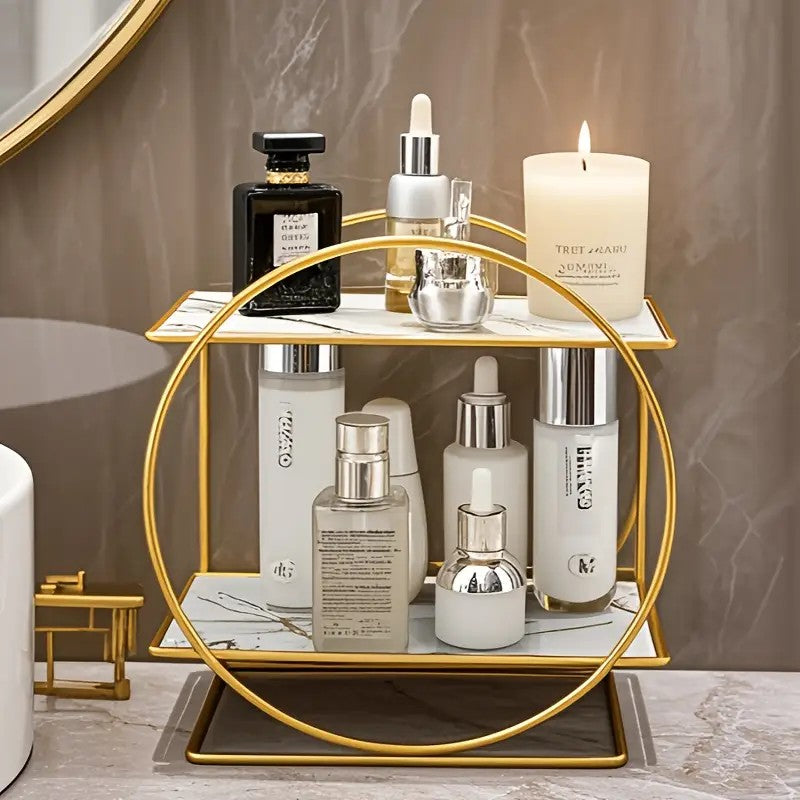 Elegant Golden Two-Tier Metal Cosmetic Organizer Stand - Luxury Countertop Makeup and Skincare Storage Shelf, Ideal for Bathroom Vanity, Home Decor,