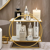 Elegant Golden Two-Tier Metal Cosmetic Organizer Stand - Luxury Countertop Makeup and Skincare Storage Shelf, Ideal for Bathroom Vanity, Home Decor,