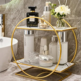 Elegant Golden Two-Tier Metal Cosmetic Organizer Stand - Luxury Countertop Makeup and Skincare Storage Shelf, Ideal for Bathroom Vanity, Home Decor, Dressing Table Accessories, and Perfume Storage - Rear View