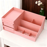 Pink Multi-Compartment Large-Capacity Desktop Storage Box Keeps vanity tables and desks neat and organized—lipsticks, masks, makeup brushes all stored in one box. Easy access, seamlessly fits into various settings. - Front View
