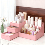 Pink Multi-Compartment Large-Capacity Desktop Storage Box Keeps vanity tables and desks neat and organized—lipsticks, masks, makeup brushes all stored in one box. Easy access, seamlessly fits into various settings. - Close-Up Angle