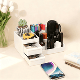 Pink Multi-Compartment Large-Capacity Desktop Storage Box Keeps vanity tables and desks neat and organized—lipsticks, masks, makeup brushes all stored in one box. Easy access, seamlessly fits into various settings. - Extra Image