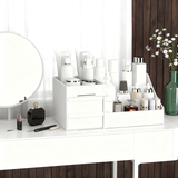 White Multi-Compartment Large-Capacity Desktop Storage Box Keeps vanity tables and desks neat and organized—lipsticks, masks, makeup brushes all stored in one box. Easy access, seamlessly fits into various settings. - Side View