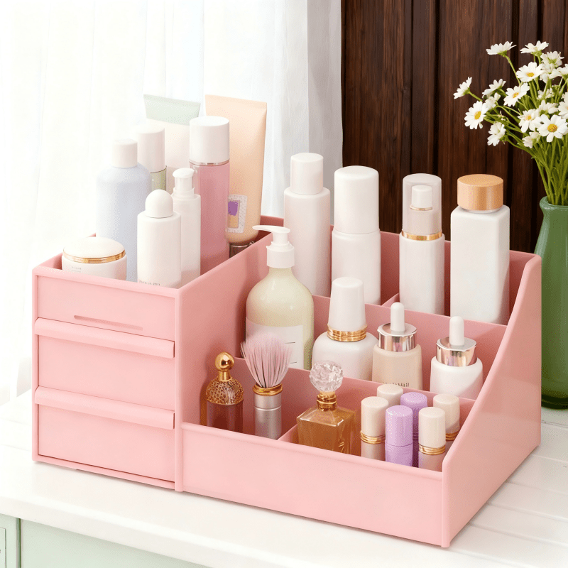 White Multi-Compartment Large-Capacity Desktop Storage Box Keeps vanity tables and desks neat and organized—lipsticks, masks, makeup brushes all stored in one box. Easy access, seamlessly fits into various settings.