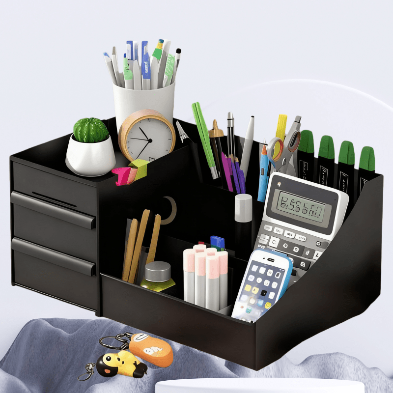 Black Multi-Compartment Large-Capacity Desktop Storage Box Keeps vanity tables and desks neat and organized—lipsticks, masks, makeup brushes all stored in one box. Easy access, seamlessly fits into various settings.