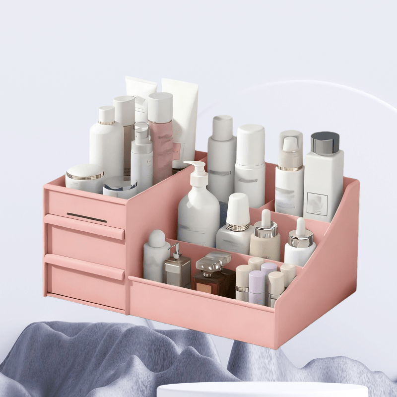 Milky white Multi-Compartment Large-Capacity Desktop Storage Box Keeps vanity tables and desks neat and organized—lipsticks, masks, makeup brushes all stored in one box. Easy access, seamlessly fits into various settings.