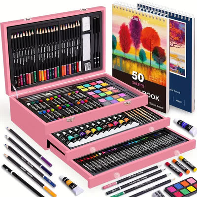 Pink 175-Piece Deluxe Art Set with 2 Drawing Boards, Wax Crayons, Acrylic Paints, Colored Pencils, Wooden Storage Case – Professional Painting Kit, Art Supplies, Ideal Gift for Christmas, Halloween, and Back-to-School Season