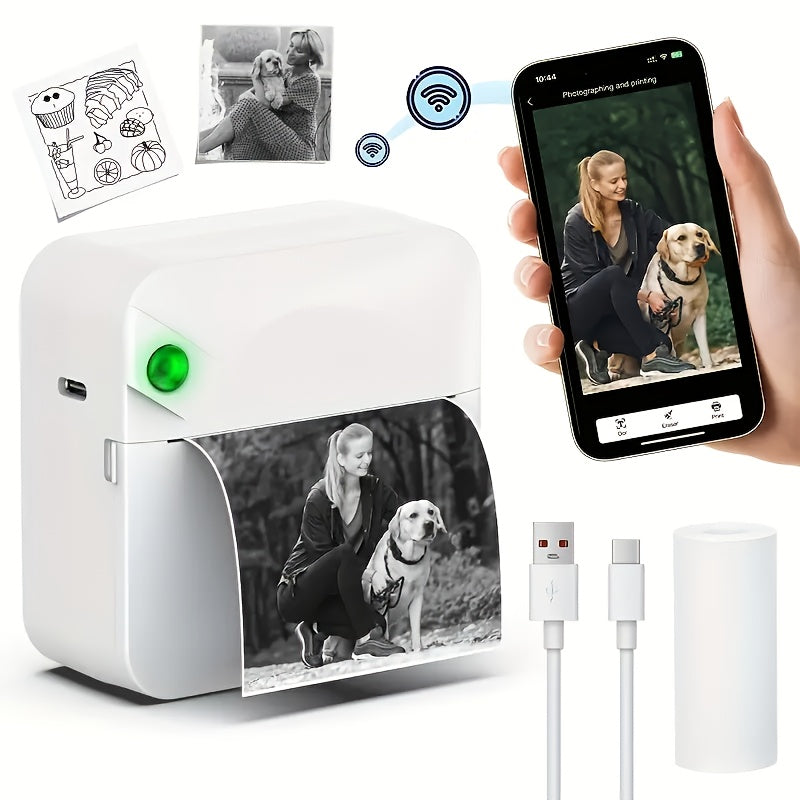 (Pink）Inkless Sticker Printer Mini Thermal Printer with Roll Thermal Paper, Wireless Pocket Printer, Smart Portable Receipt Printer for Photos, Diaries, Notes, and Preparation Work.