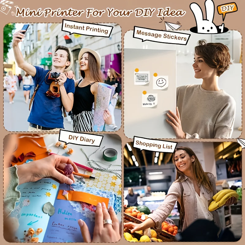 (White）Inkless Sticker Printer Mini Thermal Printer with Roll Thermal Paper, Wireless Pocket Printer, Smart Portable Receipt Printer for Photos, Diaries, Notes, and Preparation Work.