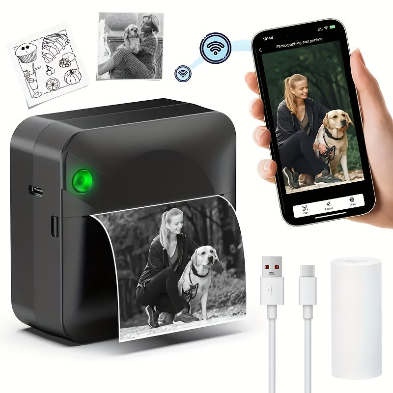 (White）Inkless Sticker Printer Mini Thermal Printer with Roll Thermal Paper, Wireless Pocket Printer, Smart Portable Receipt Printer for Photos, Diaries, Notes, and Preparation Work.
