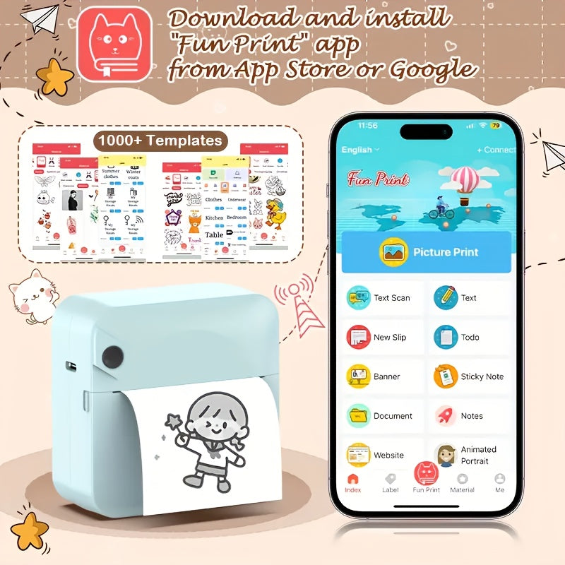 (Blue）Inkless Sticker Printer Mini Thermal Printer with Roll Thermal Paper, Wireless Pocket Printer, Smart Portable Receipt Printer for Photos, Diaries, Notes, and Preparation Work.