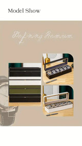 Luxury transparent-lid watch box with 6 fabric-lined compartments, portable and shockproof design, suitable for both men and women. Ideal for home, travel, or gifting—a refined storage solution for fine watches and jewelry. (Green) - 45-Degree Angle