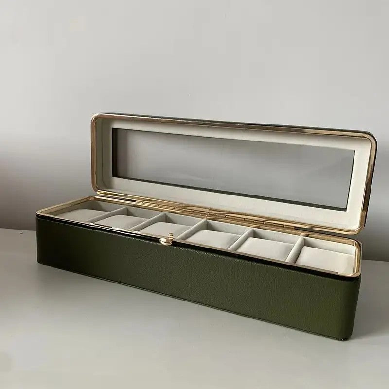 Luxury transparent-lid watch box with 6 fabric-lined compartments, portable and shockproof design, suitable for both men and women. Ideal for home, travel, or gifting—a refined storage solution for fine watches and jewelry. (Green)