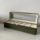 Luxury transparent-lid watch box with 6 fabric-lined compartments, portable and shockproof design, suitable for both men and women. Ideal for home, travel, or gifting—a refined storage solution for fine watches and jewelry. (Green) - Close-Up Angle
