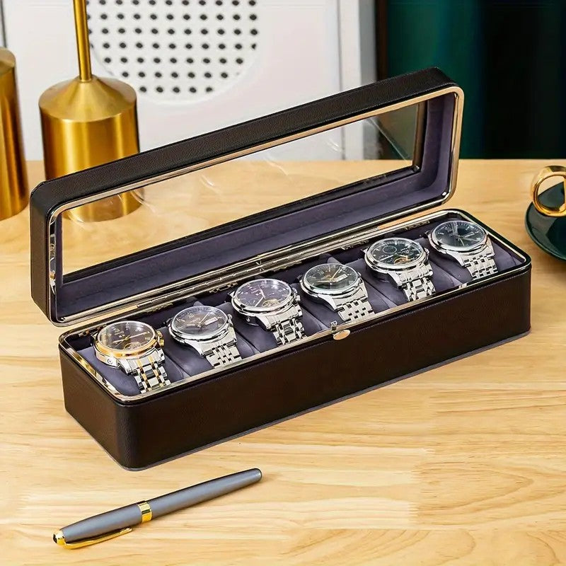 Luxury transparent-lid watch box with 6 fabric-lined compartments, portable and shockproof design, suitable for both men and women. Ideal for home, travel, or gifting—a refined storage solution for fine watches and jewelry. (brown)