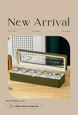 Luxury transparent-lid watch box with 6 fabric-lined compartments, portable and shockproof design, suitable for both men and women. Ideal for home, travel, or gifting—a refined storage solution for fine watches and jewelry. (brown) - 45-Degree Angle