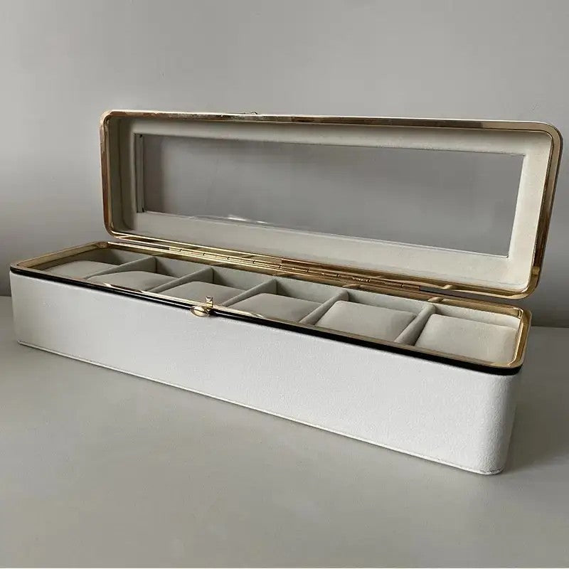 Luxury transparent-lid watch box with 6 fabric-lined compartments, portable and shockproof design, suitable for both men and women. Ideal for home, travel, or gifting—a refined storage solution for fine watches and jewelry. (brown)